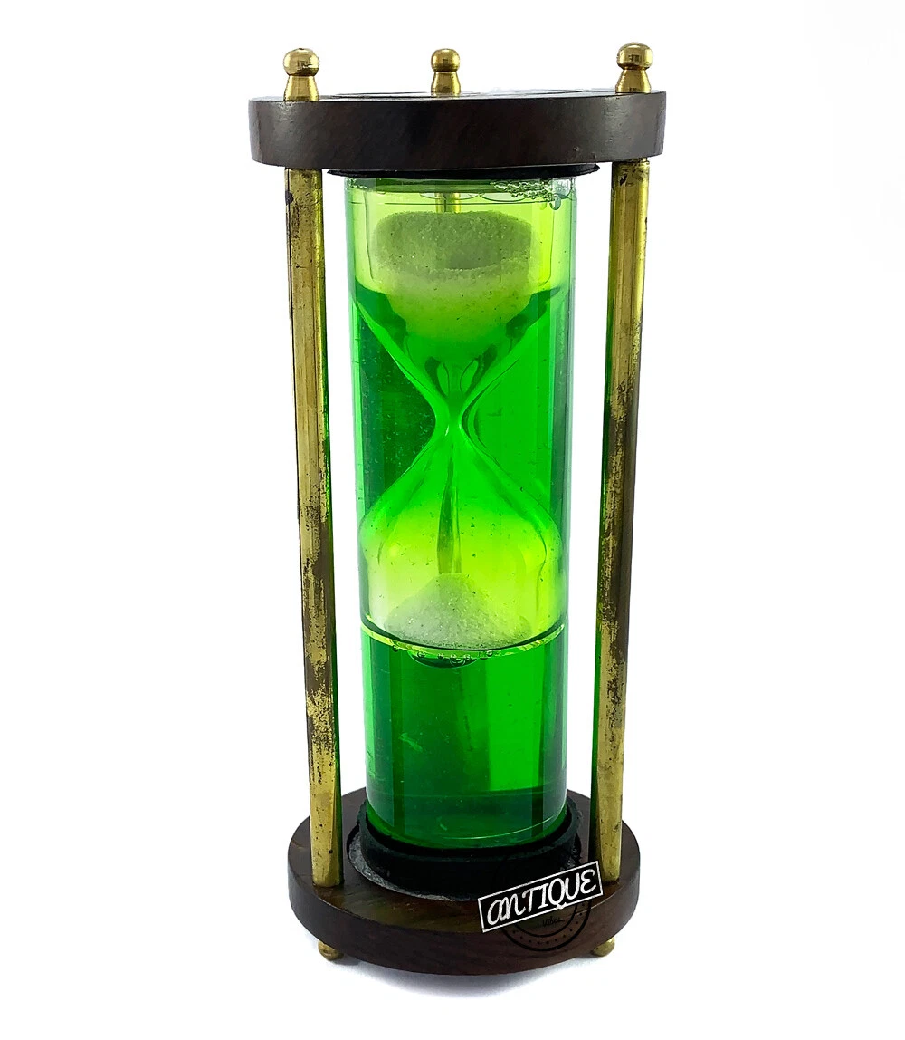 Vintage Liquid Green Glass/Wooden Hourglass vintage Decor Gift Nautical Sandtime