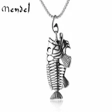 MENDEL Mens Fishing Fish Bone Skeleton Hook Necklace Pendant Stainless Steel Men