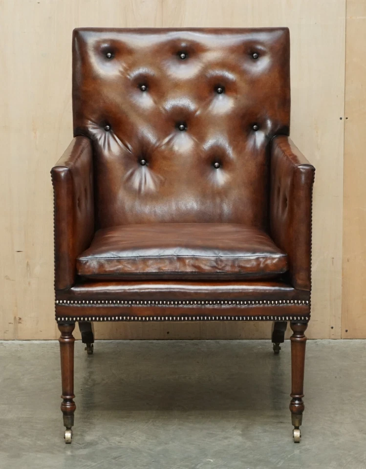 KOMPLETT RESTAURIERTER ANTIKER CHESTERFIELD-SESSEL GEORGE III UM 1780 BRAUN LEDER - Bild 2 von 4