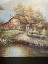 Beautiful hand painted picture of a Cotswold Cottage in the spring 36 X 24
