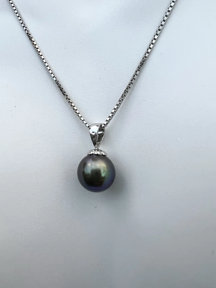 Collar de perlas negras colgante de perlas naturales de Tahití AAA 10 MM cadena de plata 925 Foto 3 de 4