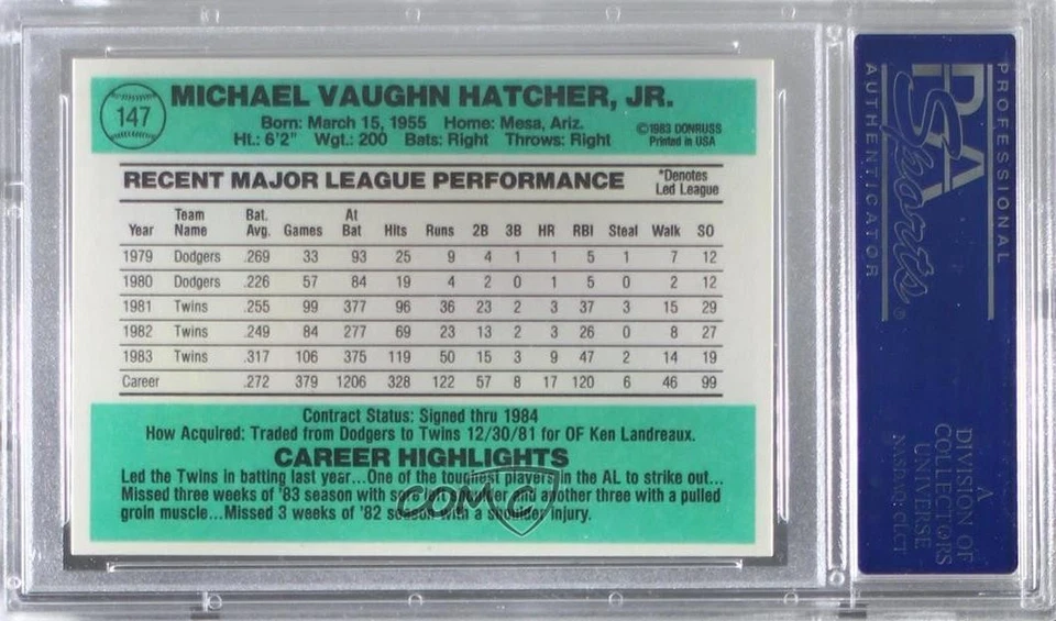 1984 Donruss Mickey Hatcher #147 PSA 10 GEM MT - Image 2 of 2