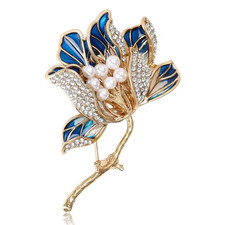 Gold Blue Lotus Flower Brooch Pearl Enamel Rhinestone Pin Summer Jewelry Gift