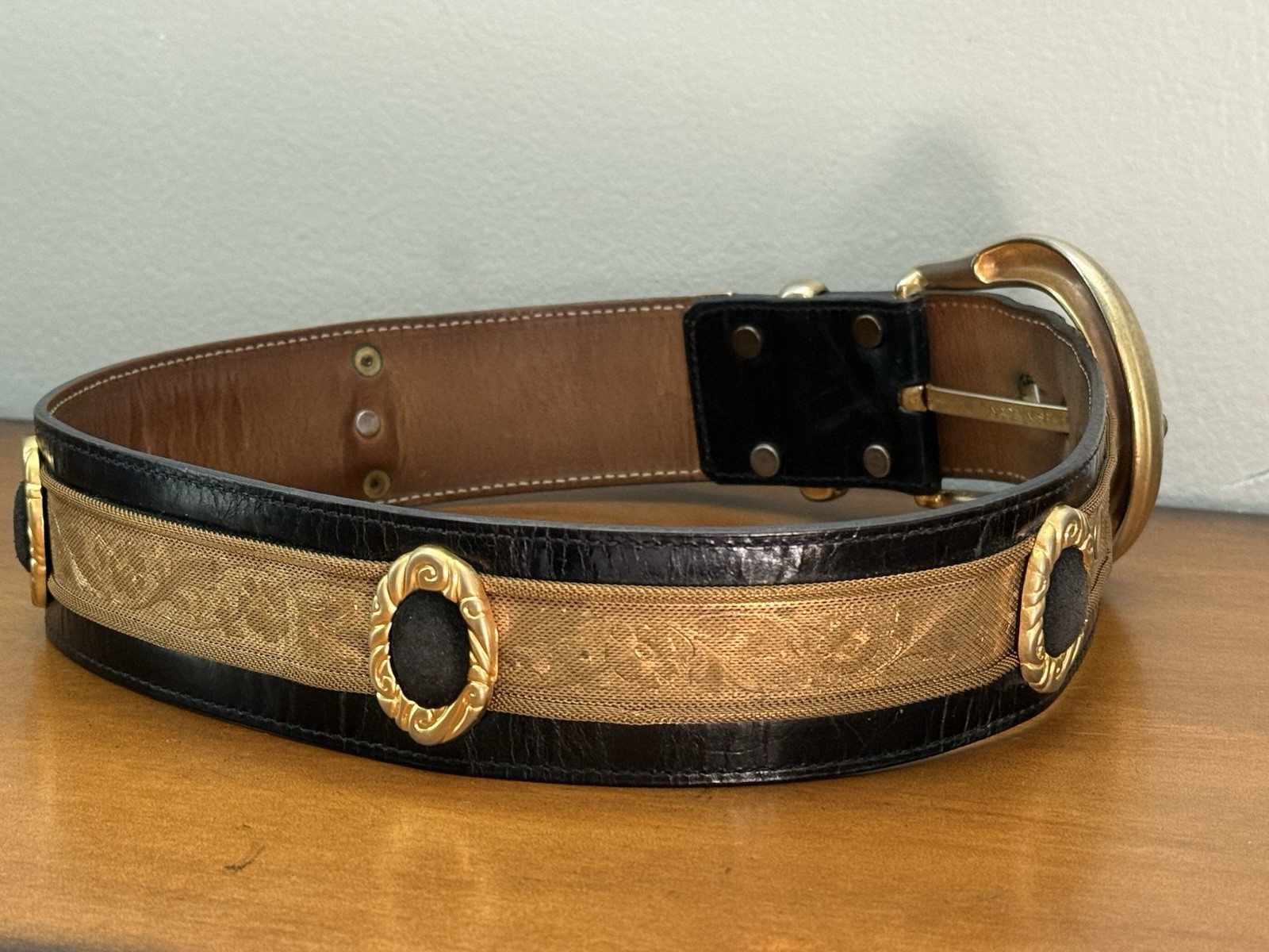 VTG Streets Ahead Gold Metal Mesh Chainmail Black Leather Belt Santa Monica CA