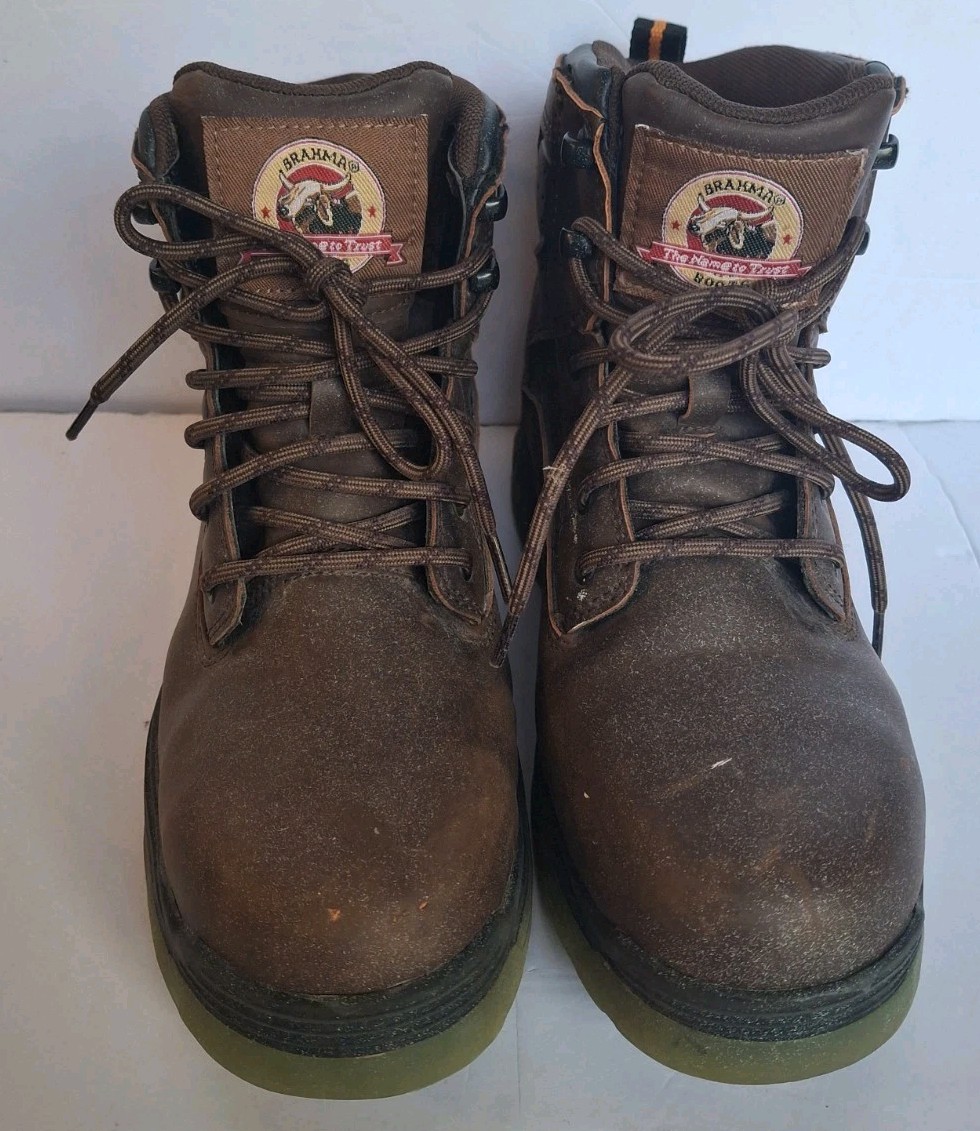 Brahma Boots Leather Mens Steel Toe Work Brown Slip Resistant Waterproof SZ 5.5