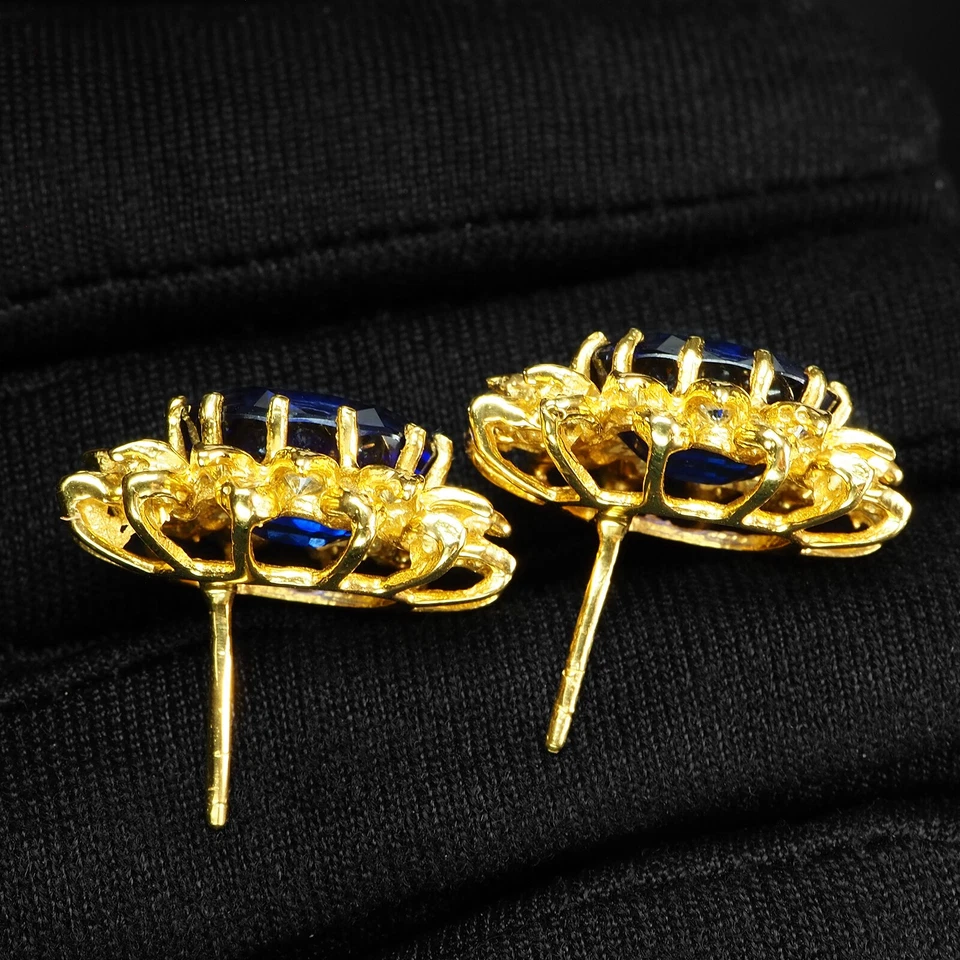 Orecchini in argento sterling 925 placcato oro 24 carati zaffiro blu reale... - Immagine 4 di 4