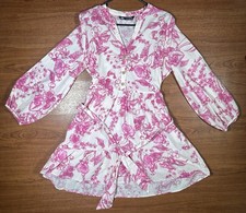 ZARA Floral Wrap Mini Dress Women M Pink White Boho Long Sleeve Tie Waist