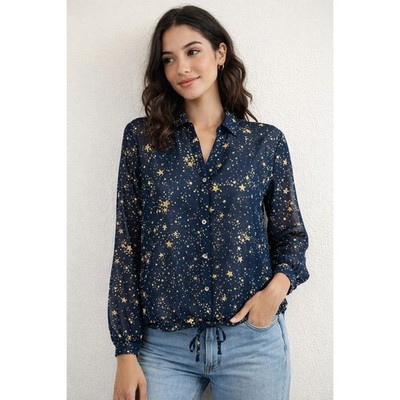 Hem & Thread Navy Blue Gold Star Print Blouse New Women s Small Whimsical 