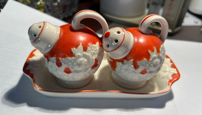 Vintage The Hinode Orange Salt Pepper Shaker 6'' Tray Japan Hand Painted