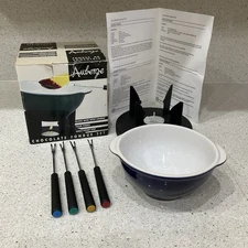Emile Henry Auberge Chocolate/Cheese Fondue Pot Set W/ Heating Base & 4 Skewers