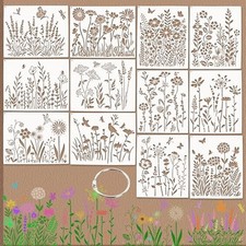 12Pcs Large Wildflower Flower Stencils for Painting on Wood Fence, 13.8 11