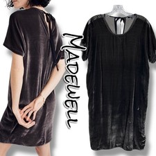 Madewell Velvet Silk Blend Mini Dress Gunmetal Gray Bow Tie Shift Womens Size XS
