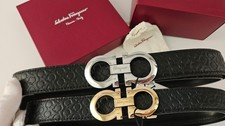 Ferragamo Belt Men Black Leather Gold Silver Buckles Adjustable Size 85-105