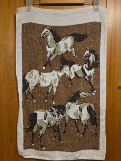 Vintage MCM Multicolored Retro Horse Linen Tea Towel Signed J.YANG 16"x26.5"