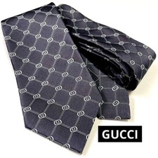 Gucci GG Pattern Rhombus Tie Grey Navy Silk Excellent Used Condition