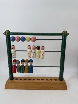 Vintage Wooden Abacus Counting Toy Kokeshi Doll Figure Beads 3 Row 1940s-50s