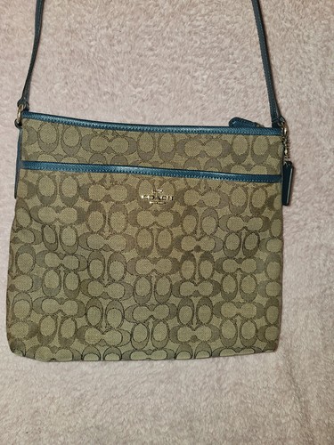 Sac bandoulière jacquard signature C Coach bordure cuir bleu sarcelle sangle réglable - Photo 1/6