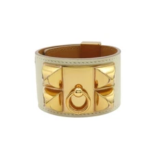 HERMES Collier de Chien Bracelet Leather Beige T Stamp Gold Hardware
