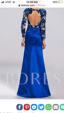 Blue Satin Formal Gown Dress Sequin Lace Illusion, Sheer 3/4 Sleeves