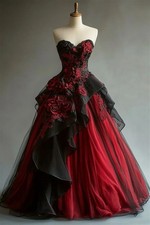 Vintage Gothic Prom Dress Dark Red And Black A-Line Flower Ruffle Evening Gown
