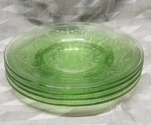 Green rose cameo Uranium Depression glass 6.75" Salad plate set of 4