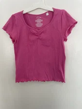 art class Kids Girls Solid Pink Lettuce Hem Nylon Rib-Knit Short Sleeve Shirt XL