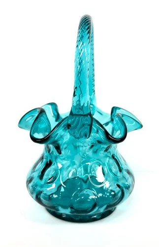 Vintage Fenton Art Glass Teal Coin Spot Basket 7 3/4"