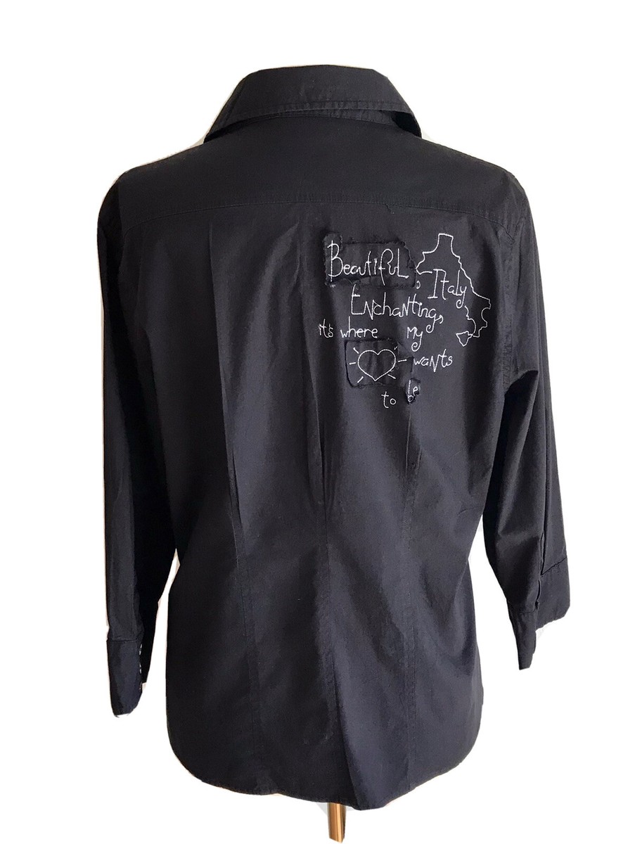 Chicos Black Appliqué Italy Shirt Top Artsy Embroidered Button 