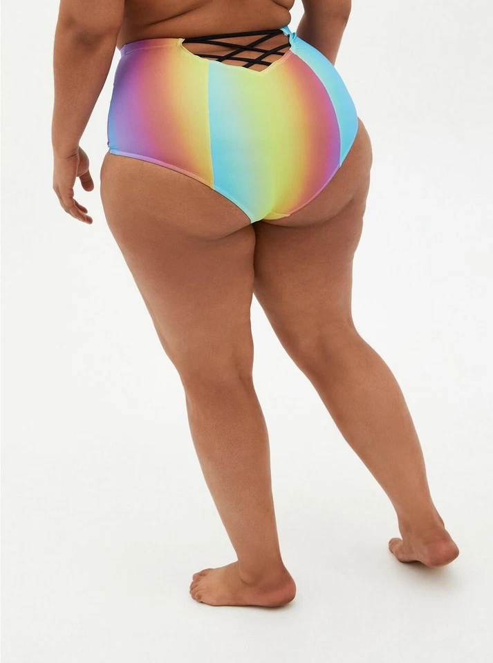 Traje de baño para mujer Torrid 3x arco iris tiro alto tiras parte inferior de bikini 22-24 Plus sol Foto 3 de 4