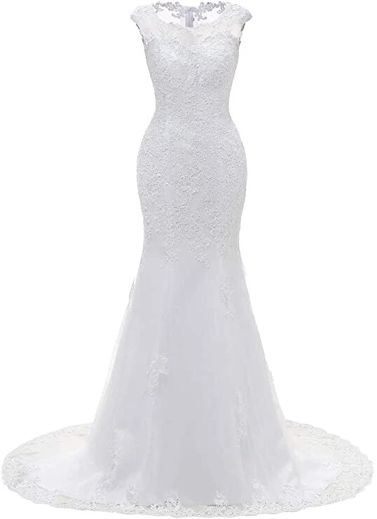 Trompeta y Sirena Blanco Manga Corta Vestidos de novia