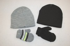Baby Toddler Boys 4 PC WINTER LOT Beanie Hats STRETCHY KNIT MITTENS Gray Black