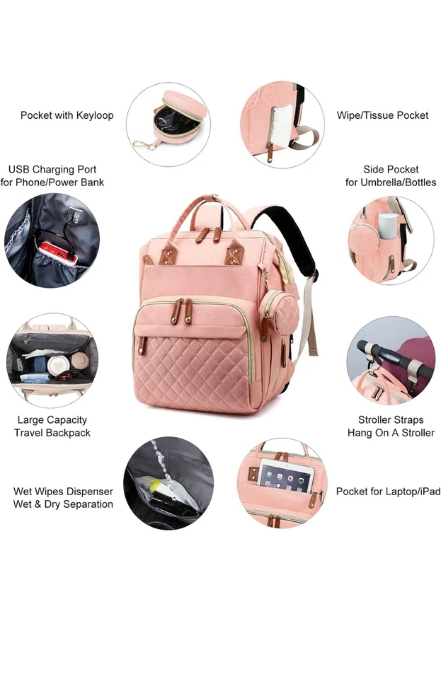 Baby Diaper Bag Backpack Travel Mom Maternity Changing Pad Waterproof (Pink) - Image 3 of 4