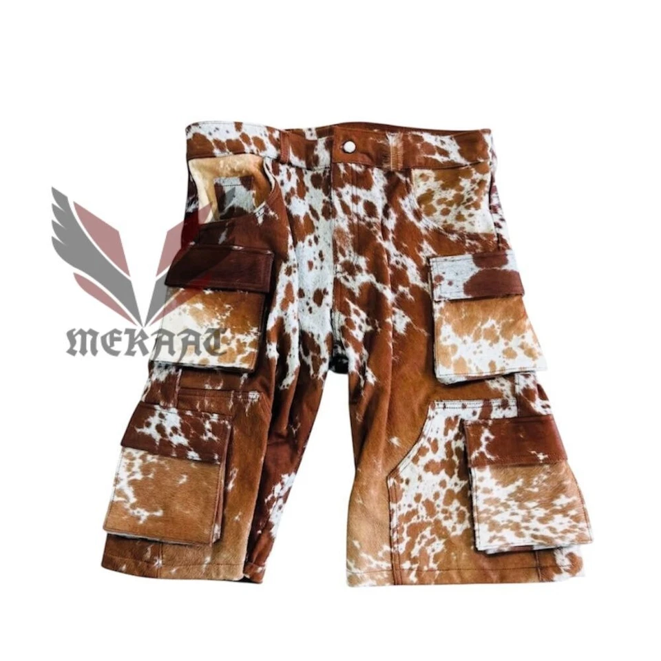 Auténticos pantalones cortos de carga de cuero con pelo de vaca estilo occidental Foto 3 de 3