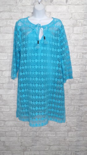 New Talbots Crochet Overlay Shift Dress Tassel Aqua Blue Beach Swim Cover Large