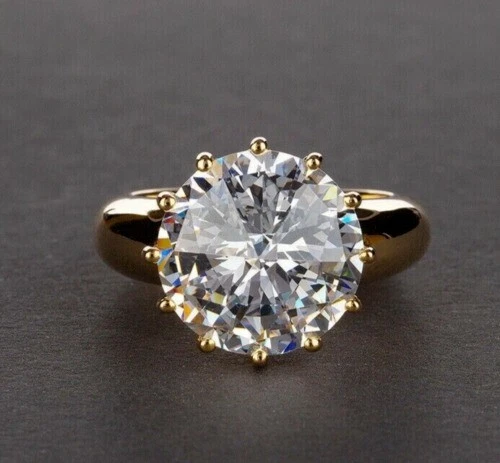 4Ct Round Cut Moissanite Solitaire Engagement Ring 14k Yellow Gold Plated