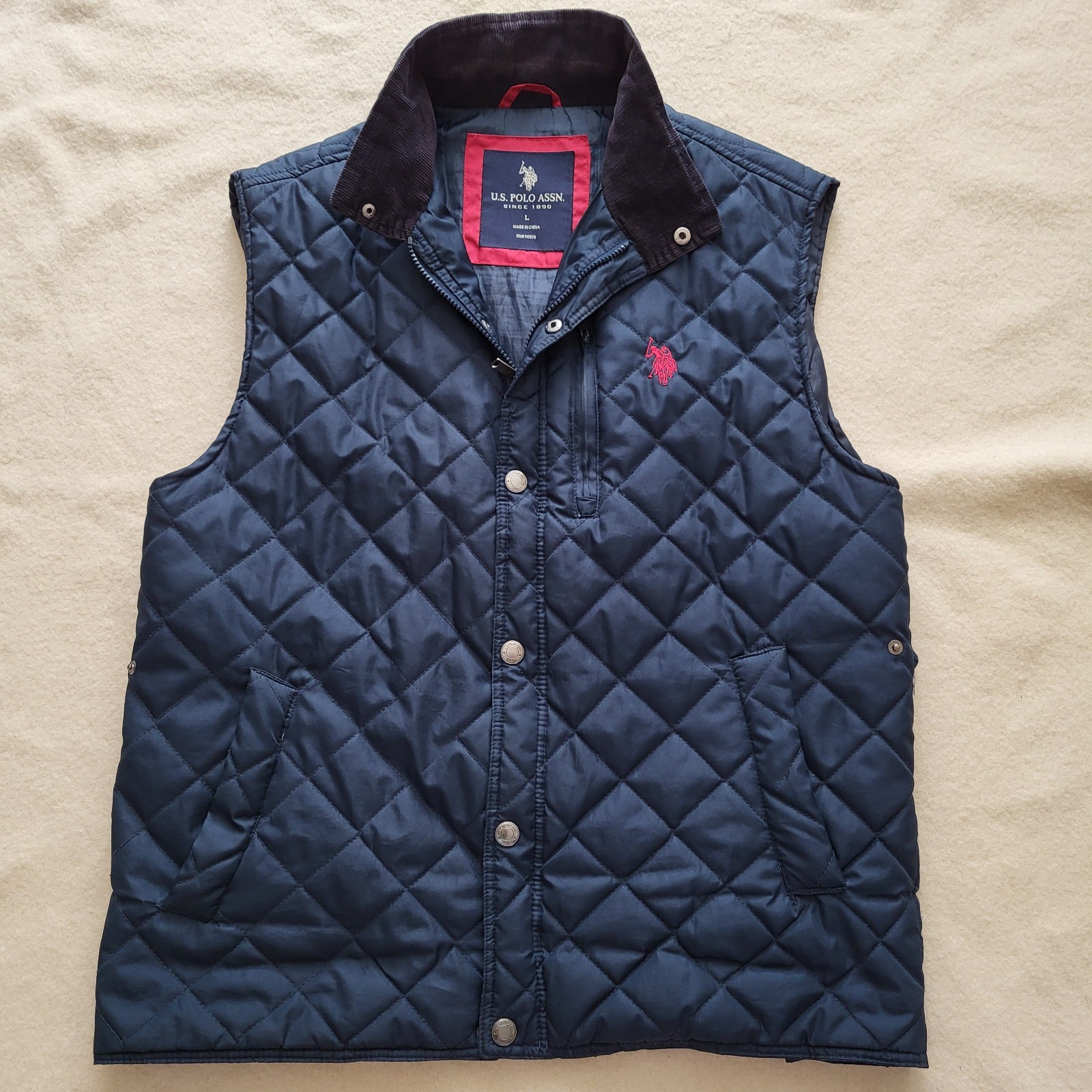 US Polo Assn Vest Men's Size Large Navy Blue Quilted Corduroy Collar