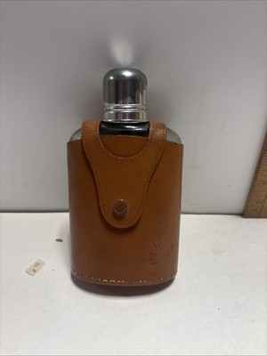 Vintage Glass Bottle Flask Brown Leather Case Saddle Leather Made in England