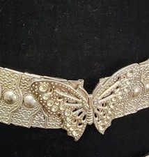 Vintage 90s Y2K Butterfly Belt Metal Elastic Boho Black Stretchy Waist 32