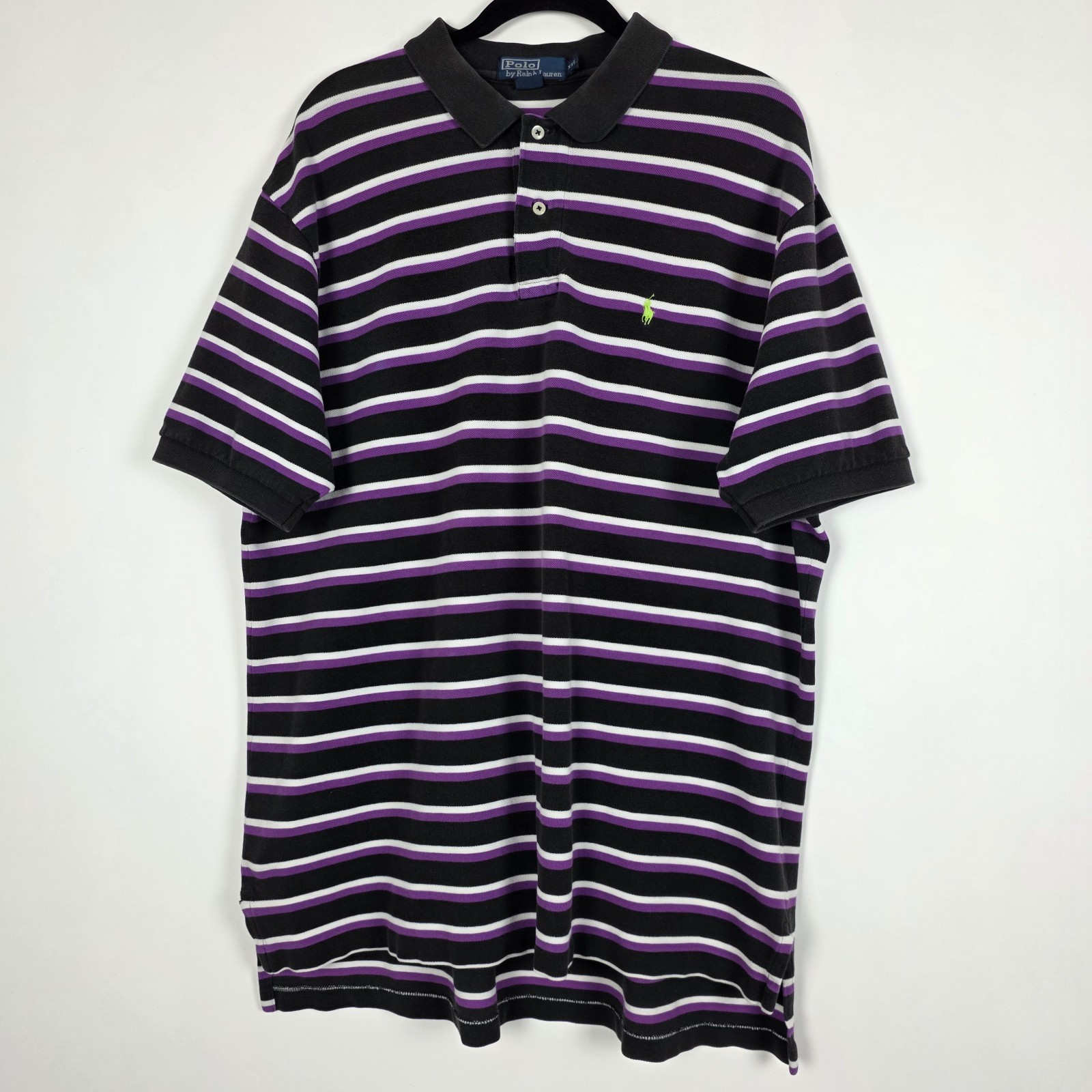 Vintage Polo Ralph Lauren Green Pony Striped Purple Mens 2XL Short Sleeve Shirt