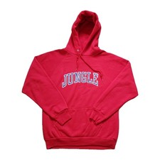Vintage 80s Jungle Size Medium USA Made Mens Red Hoodie Spellout Varsity Discus