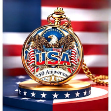 250th Anniversary Bald Eagle Commemorative Blue and Red' Pocket Watch with Chain