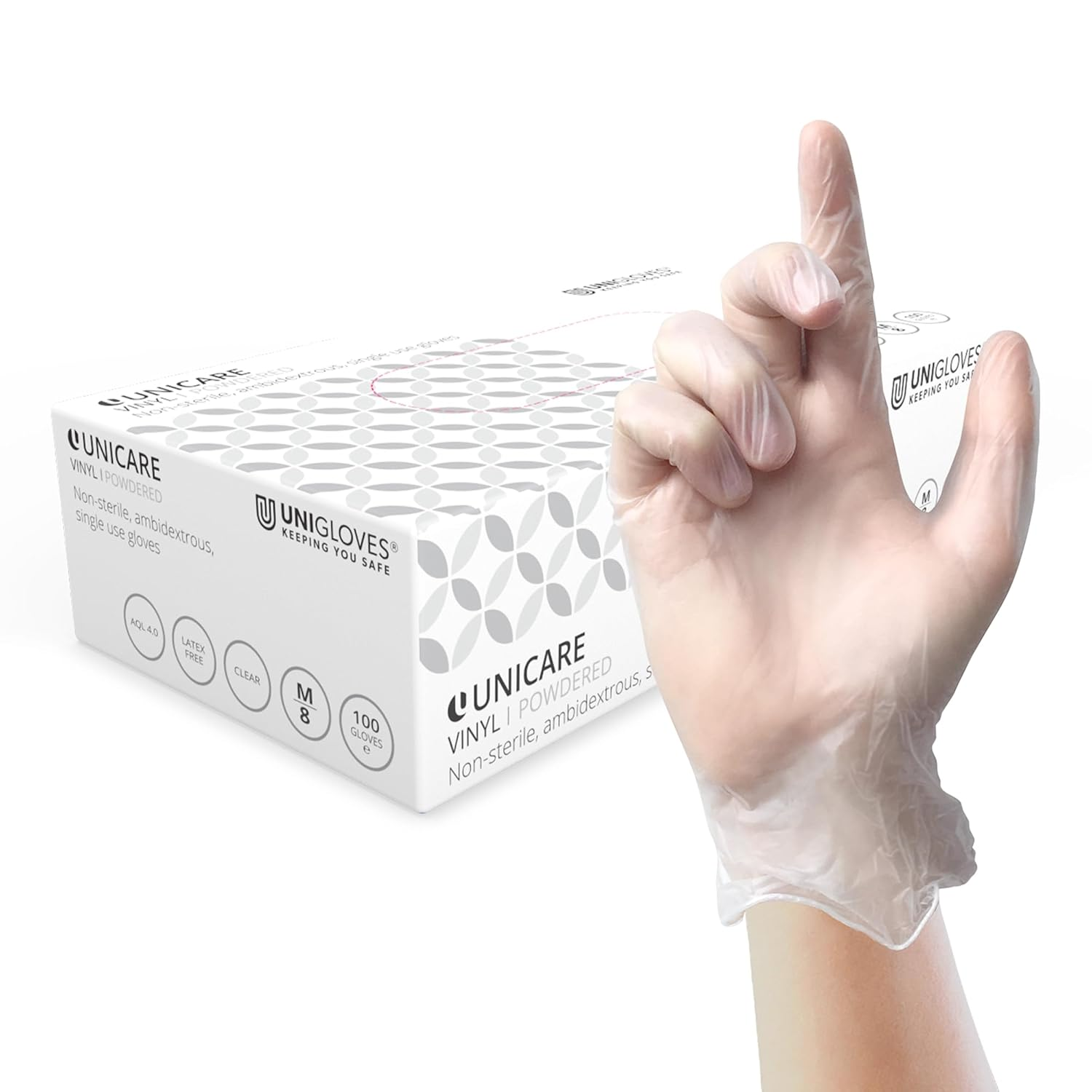 Unicare Clear Vinyl Examination Gloves - Multipurpose, Lightly Powdered, Latex F