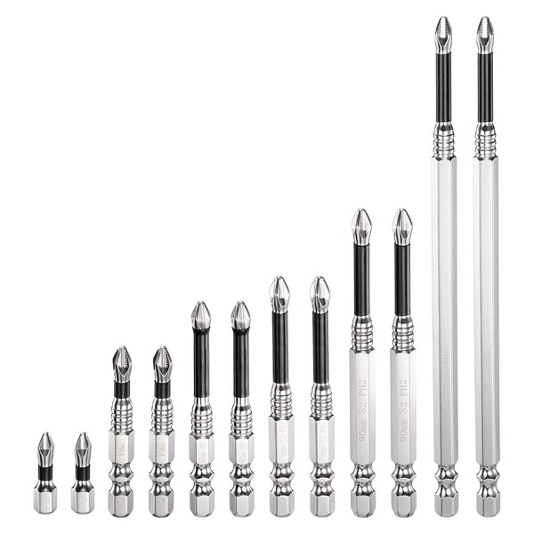 "12 StüCk PH2 Kreuzschlitz-Bit 1/4\" Sechskant 1-6\" Magnetisch Schwarz FüR"-image