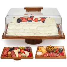 Acacia Wood Cake Stand with Lid –2-in-1 Rectangular Charcuterie Board & Desse...