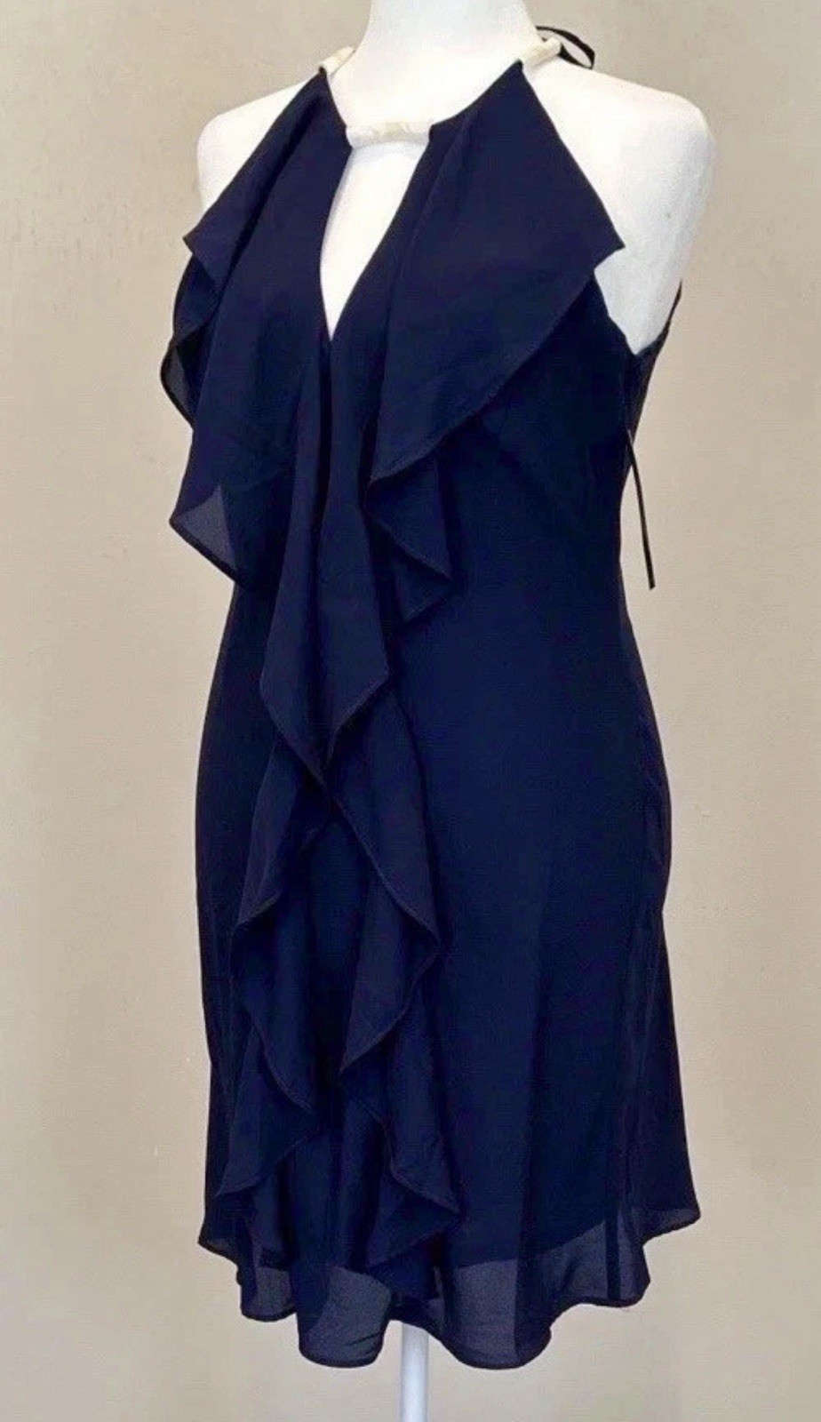 Venus Navy Blue Dress Size 12 Ruffle Neckline Crystal Halter NWT Cocktail
