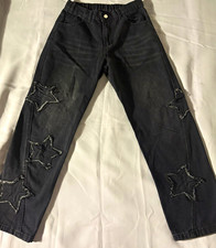 Jeans Unisex Size 6 Black Dark Wash Denim Straight Jeans Star Embroidered