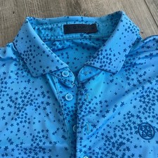 G/Fore Men's M Polo Shirt Blue STARS Print, Performance Golf STRETCH EUC 120