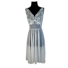 Dreamy Vintage 60s White Nylon Tricot Slip Dress Lace Bodice Babydoll Nightie