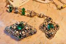 Collier broche cristal Tchèque filigrane plaqué or doré ancien