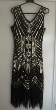 VTG 1920's Charleston Great Gatsby Tassel Maxi Dress Black & Gold Size Medium